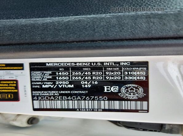 4JGDA2EB4GA767550 2016 MERCEDES-BENZ GLE Белый Панорамный вид салона 360°