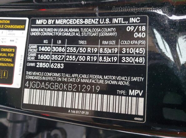 4JGDA5GB0KB212919 2019 MERCEDES-BENZ GLE Black 