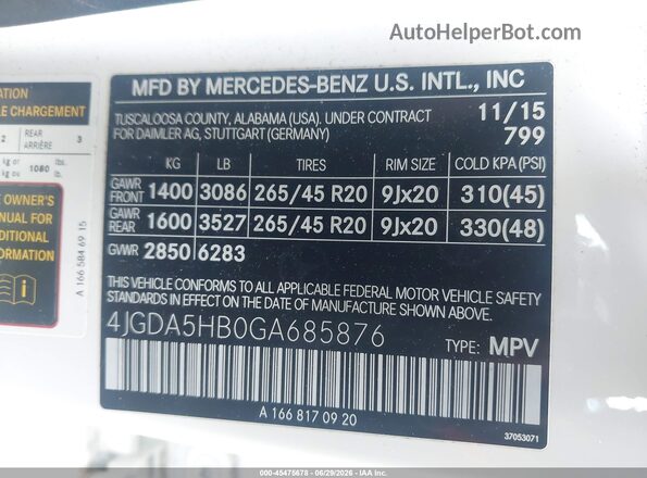 4JGDA5HB0GA685876 2016 MERCEDES-BENZ GLE 350 White Вид підкапотного простору