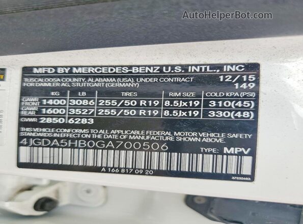 4JGDA5HB0GA700506 2016 MERCEDES-BENZ GLE Белый Вид наклейки с VIN-кодом