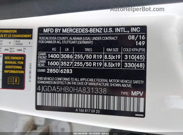4JGDA5HB0HA831338 2017 MERCEDES-BENZ GLE 350 White Widok komory silnika