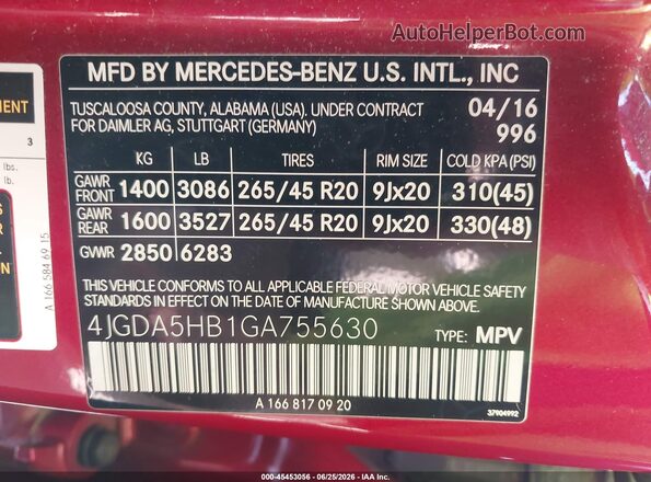 4JGDA5HB1GA755630 2016 MERCEDES-BENZ GLE 350 Red Вид підкапотного простору