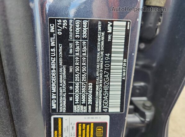 4JGDA5HB2GA710194 2016 MERCEDES-BENZ GLE Gray Widok naklejki z numerem VIN