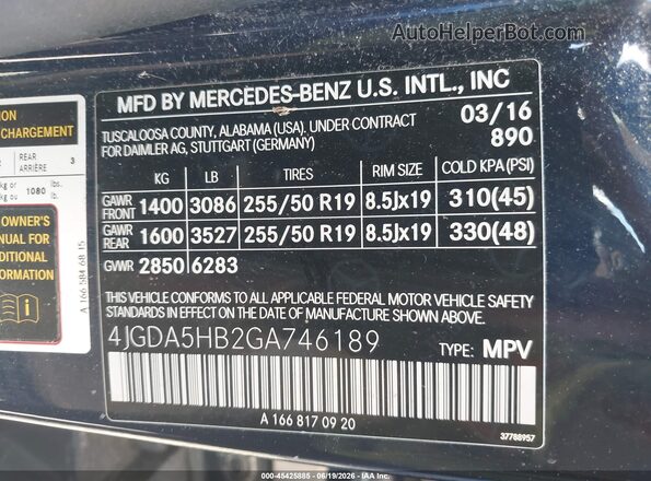 4JGDA5HB2GA746189 2016 MERCEDES-BENZ GLE 350 Blue Շարժիչի բաժամունքի տեսք