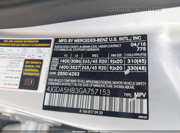 4JGDA5HB3GA757153 2016 MERCEDES-BENZ GLE 350 Silver ძრავის განყოფილების ხედი