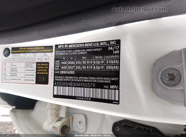 4JGDA5HB3HA950579 2017 MERCEDES-BENZ GLE 350 White Շարժիչի բաժամունքի տեսք