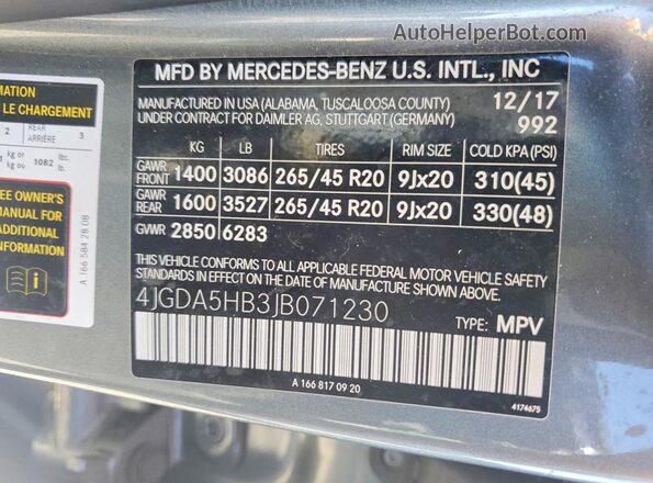 4JGDA5HB3JB071230 2018 MERCEDES-BENZ GLE Gray Widok naklejki z numerem VIN