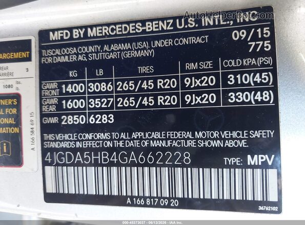4JGDA5HB4GA662228 2016 MERCEDES-BENZ GLE 350 Silver Widok komory silnika