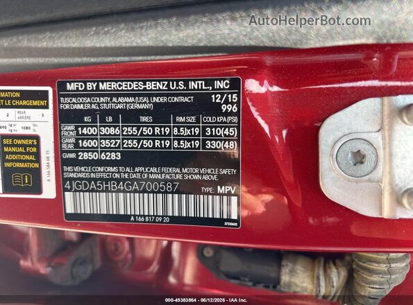 4JGDA5HB4GA700587 2016 MERCEDES-BENZ GLE 350 Красный Вид подкапотного пространства