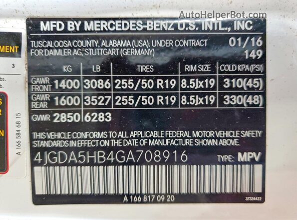 4JGDA5HB4GA708916 2016 MERCEDES-BENZ GLE White Widok naklejki z numerem VIN
