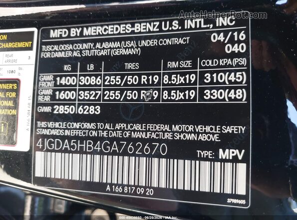 4JGDA5HB4GA762670 2016 MERCEDES-BENZ GLE 350 Black Вид підкапотного простору