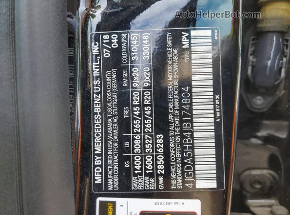 4JGDA5HB4JB174804 2018 MERCEDES-BENZ GLE Черный Вид наклейки с VIN-кодом