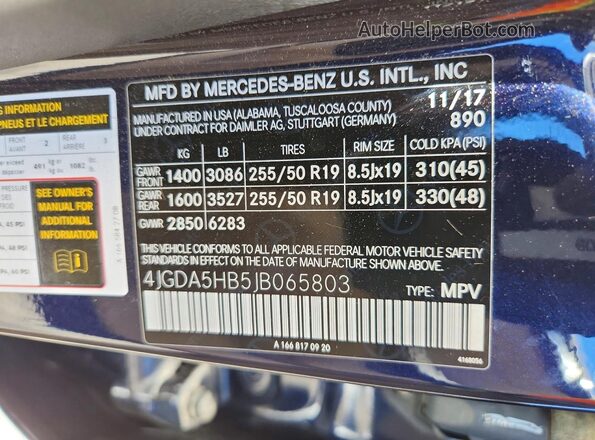 4JGDA5HB5JB065803 2018 MERCEDES-BENZ GLE Синий Вид наклейки с VIN-кодом
