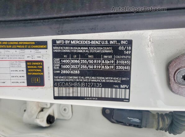 4JGDA5HB5JB127135 2018 MERCEDES-BENZ GLE White Вид наклейки з VIN-кодом