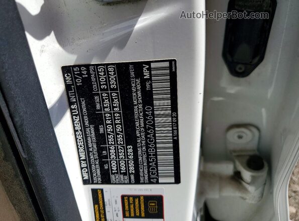 4JGDA5HB6GA670640 2016 MERCEDES-BENZ GLE White Vista de la etiqueta del VIN