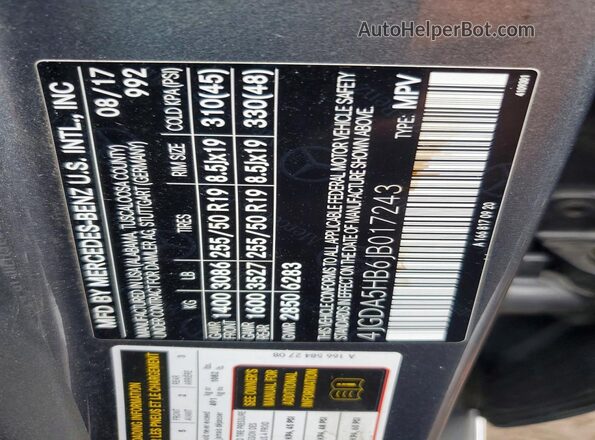 4JGDA5HB6JB017243 2018 MERCEDES-BENZ GLE Charcoal VIN sticker view