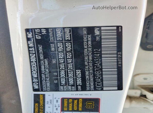 4JGDA5HB7GA631412 2016 MERCEDES-BENZ GLE White Engine compartment view
