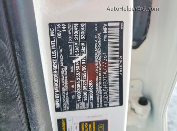 4JGDA5HB7GA777261 2016 MERCEDES-BENZ GLE Белый Панорамный вид салона 360°