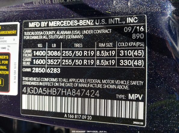 4JGDA5HB7HA847424 2017 MERCEDES-BENZ GLE 350 Blue Vista del compartimento del motor