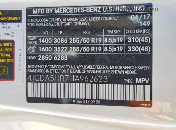 4JGDA5HB7HA962623 2017 MERCEDES-BENZ GLE White VIN sticker view