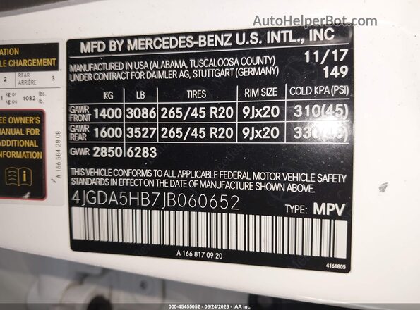 4JGDA5HB7JB060652 2018 MERCEDES-BENZ GLE 350 White Вид підкапотного простору