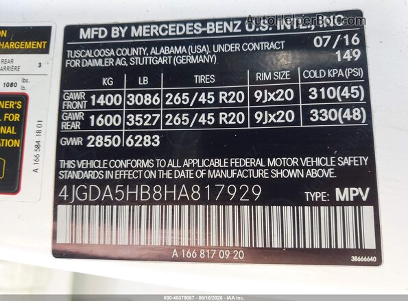 4JGDA5HB8HA817929 2017 MERCEDES-BENZ GLE 350 Белый Вид подкапотного пространства