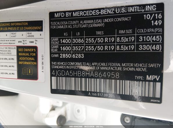 4JGDA5HB8HA864958 2017 MERCEDES-BENZ GLE 350 White Vista del compartimento del motor