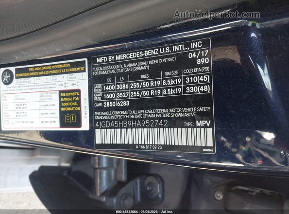 4JGDA5HB9HA952742 2017 MERCEDES-BENZ GLE 350 Blue Vista del compartimento del motor