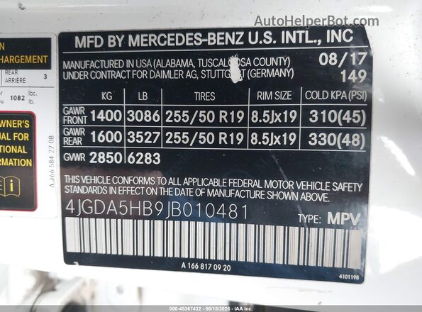 4JGDA5HB9JB010481 2018 MERCEDES-BENZ GLE 350 White Engine compartment view