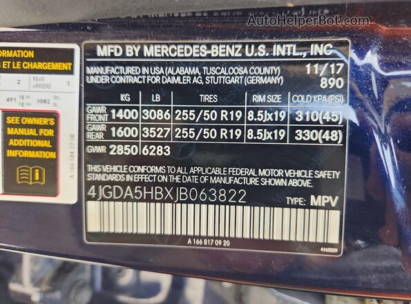 4JGDA5HBXJB063822 2018 MERCEDES-BENZ GLE Blue Widok naklejki z numerem VIN