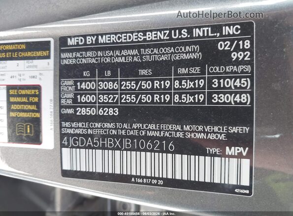 4JGDA5HBXJB106216 2018 MERCEDES-BENZ GLE 350 Серый Вид подкапотного пространства