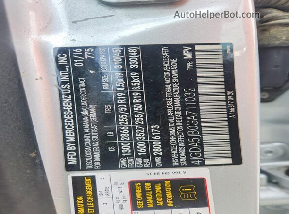4JGDA5JB0GA711032 2016 MERCEDES-BENZ GLE Silver VIN կոդի պիտակի տեսք
