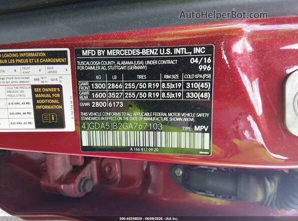 4JGDA5JB2GA767103 2016 MERCEDES-BENZ GLE 350 Red 