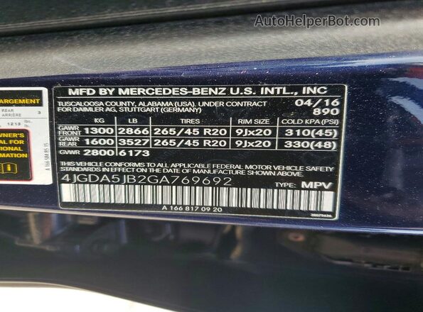 4JGDA5JB2GA769692 2016 MERCEDES-BENZ GLE Blue Widok naklejki z numerem VIN