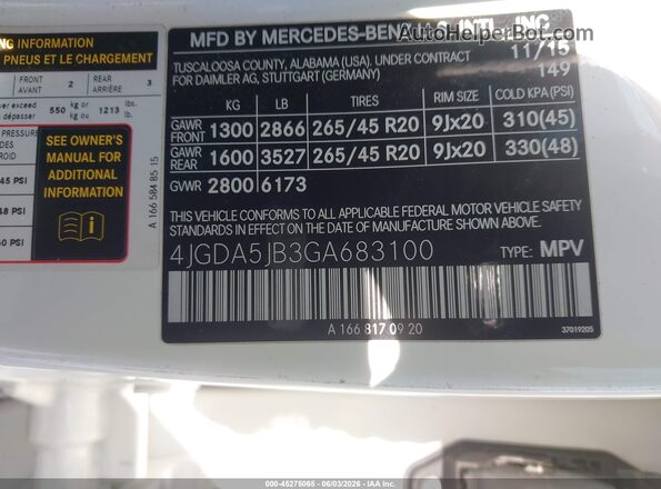 4JGDA5JB3GA683100 2016 MERCEDES-BENZ GLE 350 White Вид підкапотного простору