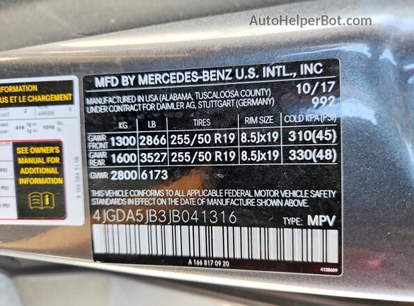 4JGDA5JB3JB041316 2018 MERCEDES-BENZ GLE Угольный Вид наклейки с VIN-кодом