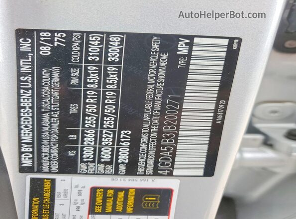4JGDA5JB3JB200271 2018 MERCEDES-BENZ GLE Silver VIN sticker view