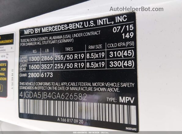 4JGDA5JB4GA626582 2016 MERCEDES-BENZ GLE 350 White Widok komory silnika