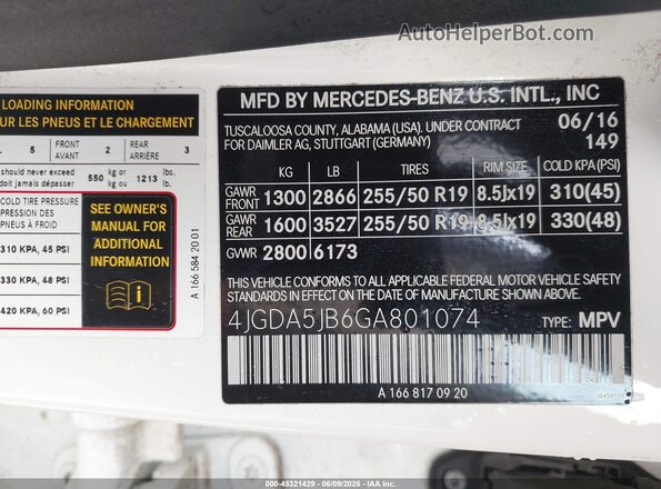 4JGDA5JB6GA801074 2016 MERCEDES-BENZ GLE 350 White Widok komory silnika