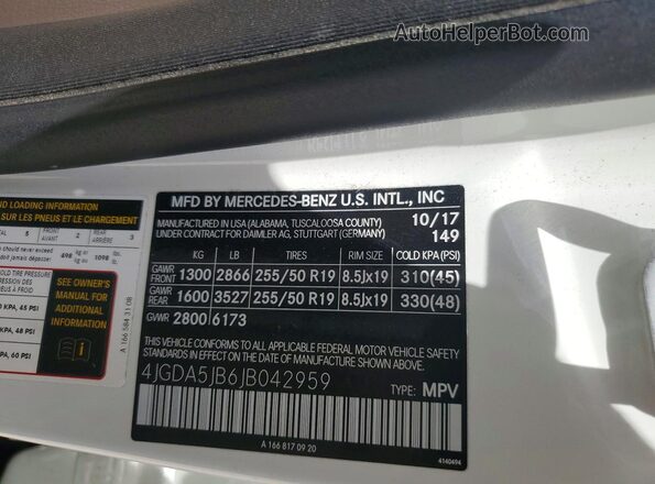 4JGDA5JB6JB042959 2018 MERCEDES-BENZ GLE White Вид наклейки з VIN-кодом