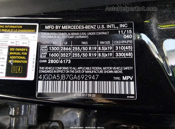 4JGDA5JB7GA692947 2016 MERCEDES-BENZ GLE 350 Black Widok komory silnika