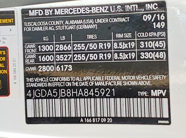 4JGDA5JB8HA845921 2017 MERCEDES-BENZ GLE White Vista de la etiqueta del VIN