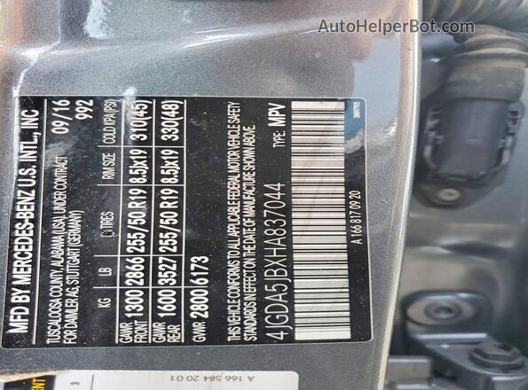 4JGDA5JBXHA837044 2017 MERCEDES-BENZ GLE Gray VIN sticker view