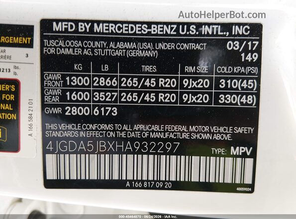 4JGDA5JBXHA932297 2017 MERCEDES-BENZ GLE 350 White Widok komory silnika