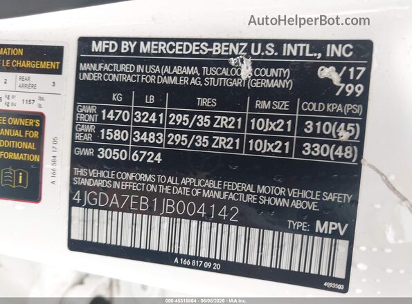 4JGDA7EB1JB004142 2018 MERCEDES-BENZ AMG GLE 63 White Engine compartment view