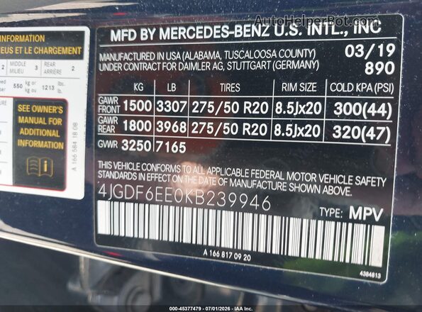 4JGDF6EE0KB239946 2019 MERCEDES-BENZ GLS 450 Blue Widok komory silnika