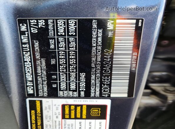 4JGDF6EE1GA624462 2016 MERCEDES-BENZ GL-CLASS Black Widok naklejki z numerem VIN