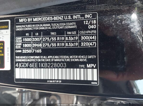 4JGDF6EE1KB228003 2019 MERCEDES-BENZ GLS 450 Black Widok komory silnika