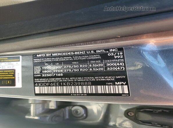 4JGDF6EE1KB239888 2019 MERCEDES-BENZ GLS Серый Вид наклейки с VIN-кодом