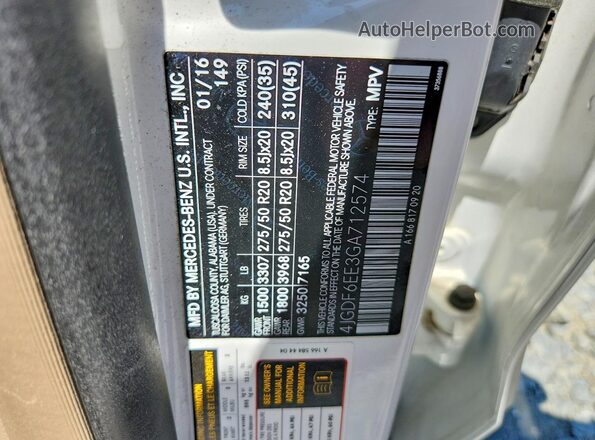 4JGDF6EE3GA712574 2016 MERCEDES-BENZ GL-CLASS White Widok naklejki z numerem VIN